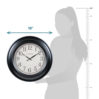 Wall clock with dimensions shown relative to a silhouette of a person
