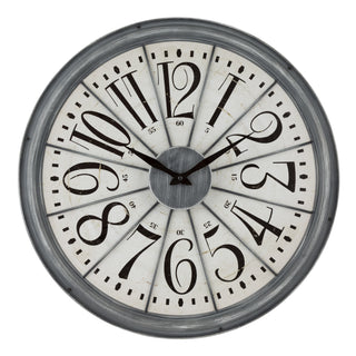 404-3950 A round wall clock with a distressed gray frame and a white face featuring large black Arabic numerals and black hands, shown against a plain white background.