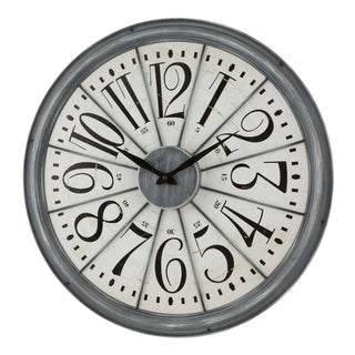 404-3950 A round wall clock with a distressed gray frame and segmented dial. The clock face is off-white with large black Arabic numerals and black hands, set against a plain white background.