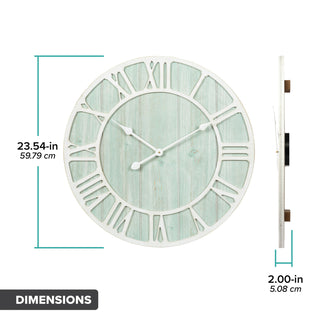 Orthographic image of the 404-4060 23.5-inch Harbor Tides wall clock in white and blue washed wood with white cut out wood Roman numerals and white metal hands showing a head-on view with dimensions of 23.54-in in diameter and a side view showing the depth of 2.00-inches