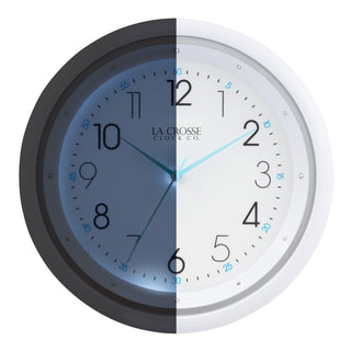 404-4525 glow in the dark wall clock white and black with blue glow hands and number markings