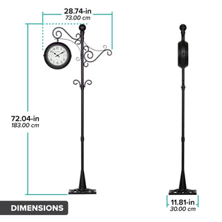 Dimension image of the 425-34188 Outdoor Dual-Sided Metal Pedestal Clock. The clock features a temperature dial in a Fahrenheit scale, a humidity dial, decorative black metal hands, black numbers on a flecked white dial surrounded by a dark brown metal frame. The clock measures 72.04-inches tall, 28.74-inches wide, and 11.81-inces in depth.
