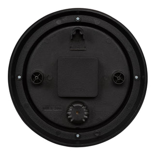 Back image of the 433-3020B 8-inch Colby Indoor/Outdoor Wall Clock with temperature, showing the weather-resistant cover for the battery compartment and the quartz movement, as well as showing the hanging hole.