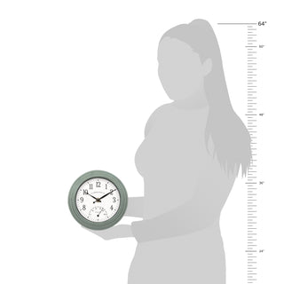 Wall clock with temperature and humidity display held by a silhouette of a person, next to a height chart.