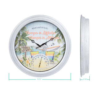 A round wall clock with a white distressed frame and a colorful tropical nautical face, shown alongside its side profile. The clock face features a small thermometer dial, the text 'MARGARITAVILLE Changes in Latitude Changes in Attitude', and a small boat illustration.