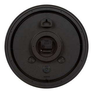 Back image of the 433-3841MV2T 15.75-inch Margaritaville® Indoor Outdoor Wall Clock showing the hanging hole, the quartz movement, and the battery compartment.