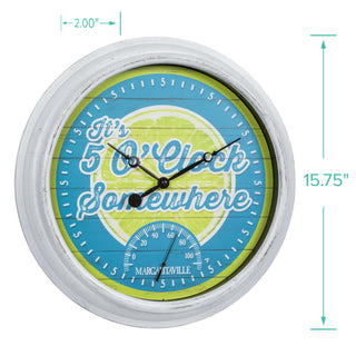 Dimension image of the 433-3841MV2T 15.75-inch Margaritaville® Indoor Outdoor Wall Clock with Temperature. The diameter is 15.75-inches and the depth is 2-inches.