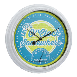 Right-facing image of the 433-3841MV2T 15.75-inch Margaritaville® Indoor Outdoor Wall Clock with Temperature - it's 5' O Clock Somewhere is the text on the lime green and teal blue dial with an image of a lime and all the hour markings listed as 5