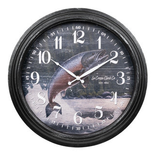 433-3841S Round wall clock with a distressed black frame and a printed dial featuring a leaping fish over water, large white numerals, and the text 'La Crosse Clock Co. Est.