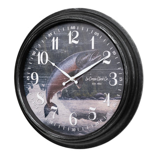 433-3841S Round wall clock with a distressed black frame and a fishing-themed dial featuring a large trout jumping over water, with the text 'La Crosse Clock Co.' and 'EST.