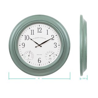 A round wall clock with a muted sage green frame and a white dial, shown alongside a side profile view with dimension markings.