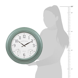 A round wall clock with a sage green frame and white face, shown next to a gray silhouette of a person for scale, with a vertical height measurement ruler on the right side.