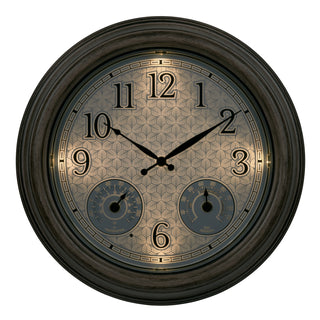 435-3239 Round wall clock with a dark wood-look frame, a textured beige and gold clock face, black Arabic numerals, black hands, and two blue subdials at the bottom, shown on a plain white background.