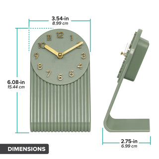 Dimension image of the 437-3015LS Grooves Tabletop Clock. The clock measures 6.08 in tall by 3.54 in wide and is 2.75 in deep. The clock features a molded L-shape design with textured grooves, an open face dial, and brass hands and numbers.