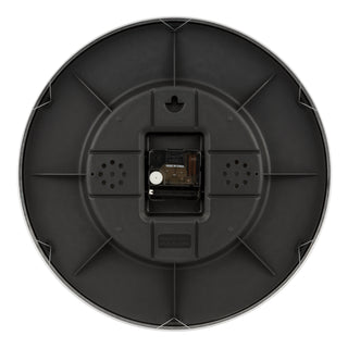 Back image of the 46201 13-inch Brushed Frame Wall Clock showing the battery compartment, the quartz movement, and the hanging hole.