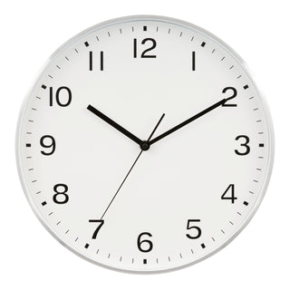 Head-on image of the 46201 13-inch Brushed Frame Wall Clock. The clock features a white dial with black numbers and hands in a brushed silver case.