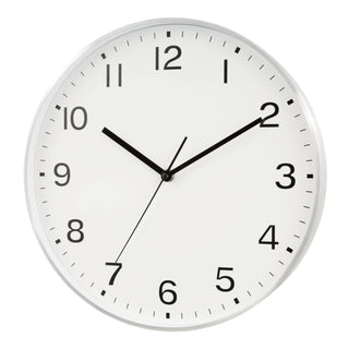 Ledt-facing image of the 46201 13-inch Brushed Frame Wall Clock. The clock features a white dial with black numbers and hands in a brushed silver case.