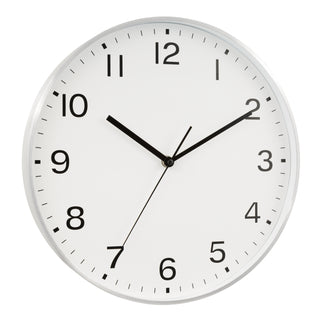 Right-facing image of the 46201 13-inch Brushed Frame Wall Clock. The clock features a white dial with black numbers and hands in a brushed silver case.