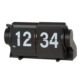 Left-facing image of the 536-527B Rollins Mini Mechanical Flip Clock - Black featuring black hour and minute flip cards with white numbers in a black case.