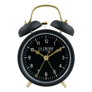 Head-on image of the 617-3314BG Metal Twin Bell Alarm Clock – Black, the clock features a black dial with white numbers, gold hands and accents, in a black metal case
