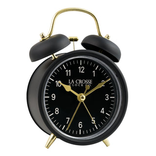 Right-facing image of the 617-3314BG Metal Twin Bell Alarm Clock – Black, the clock features a black dial with white numbers, gold hands and accents, in a black metal case.