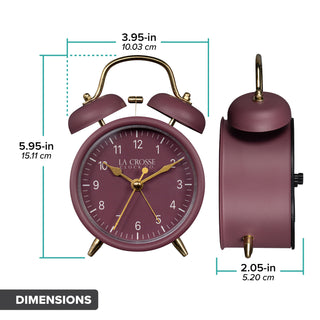 Dimension image of the 617-3314RR Metal Twin Bell Alarm Clock – Ruby Red, the clock features a ruby red dial with white numbers, gold hands and accents, in a ruby red metal case. The dimensions read 3.95 in wide and 5.95 in tall with a depth of 2.05 in.