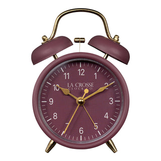 Head-on image of the 617-3314RR Metal Twin Bell Alarm Clock – Ruby Red, the clock features a ruby red dial with white numbers, gold hands and accents, in a ruby red metal case.