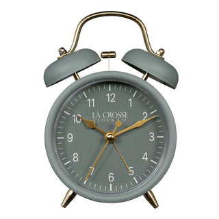 Head-on image of the 617-3314SG Metal Twin Bell Alarm Clock – Sage Green, the clock features a sage green dial with white numbers, gold hands and accents, in a sage green metal case.