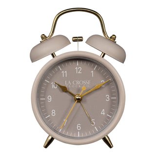 Head-on image of the 617-3314TP Metal Twin Bell Alarm Clock – Taupe, the clock features a taupe dial with white numbers, gold hands and accents, in a taupe metal case.