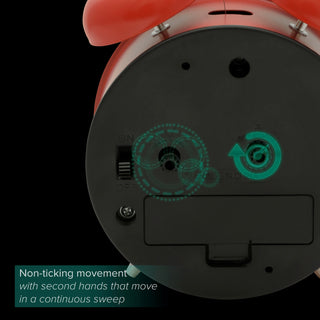 Enhanced content image of the back of the 617-3314 Metal Twin Bell Alarm Clock. The image includes text highlighting the Silent Sweep Quartz movement feature of this clock and visual call-outs of the time and alarm knobs