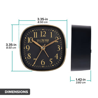 Head on and side view of a black and gold tabletop alarm clock with the dimensions listed in inches and centimeters.