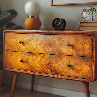 Mid century modern retro wooden dresser with a black and gold retro style tabletop alarm clock and a lamp sitting on top.