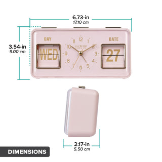 Orthographic image of the 636-379P Daily Flip Tabletop Clock with Calendar – Pink BLush showing the dimensions 3.54 inches tall, 6.73 inches long, and 2.17 inches in depth.