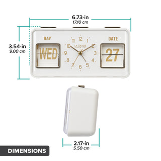 Orthographic image of the 636-379W Daily Flip Tabletop Clock with Calendar – White showing the dimensions 3.54 inches tall, 6.73 inches long, and 2.17 inches in depth.