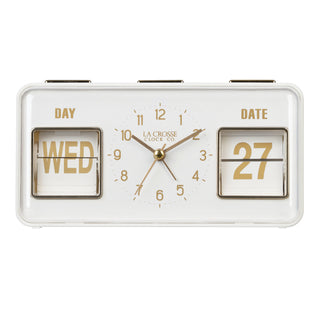 Head-on image of the 636-379W Daily Flip Tabletop Clock with Calendar – White, featuring a retro design rectangular analog clock with brass numbers, hour, minute, and second hands, and a day and date calendar with manual flip cards with brass text.