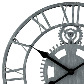 Close-up image of the 83186-BHG 14-inch Metal Gear Clock featuring a distressed gray metal skeleton design with gears, Roman numerals, and black metal hands.