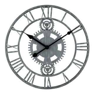 Head-on image of the 83186-BHG 14-inch Metal Gear Clock featuring a distressed gray metal skeleton design with gears, Roman numerals, and black metal hands.