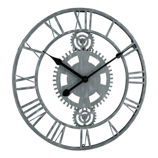 Right-facing image of the 83186-BHG 14-inch Metal Gear Clock, featuring a distressed gray metal skeleton design with gears, Roman numerals, and black metal hands.