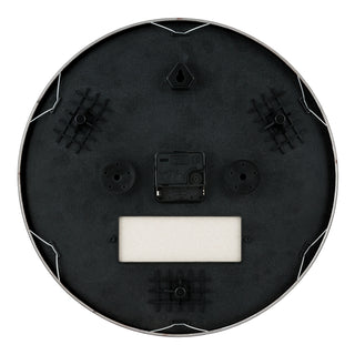 Back image of the 83216-BHG 14-inch Faux Marble Wall Clock showing the battery compartment, the quartz movement, and the hanging hole.