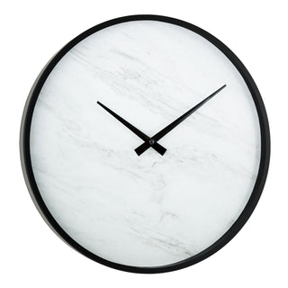Right-facing image of the 83216-BHG 14-inch Faux Marble Wall Clock featuring a thin black frame, a faux-marble face, no numbers or markings, and modern black hands.