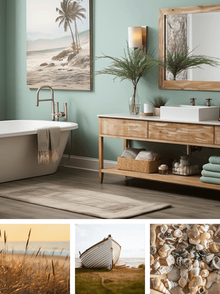 A styled bathroom interior with a freestanding bathtub, wooden vanity, mirror, wall sconce, and beach-themed wall art, alongside three inset photos showing a beach scene, a small boat on sand, and seashells.