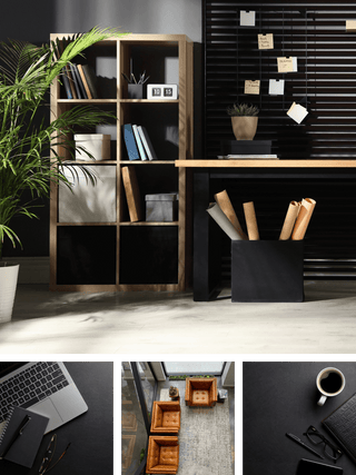 A styled home office interior featuring a tall wooden cubby bookshelf with books and decor, a black slatted wall with sticky notes, a desk with rolled papers in a black bin, and a potted plant. Includes three inset detail photos showing a laptop workspace setup, a top-down view of brown leather chairs on a rug, and a coffee-and-notepad workspace scene.