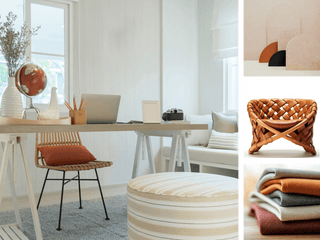 A styled interior scene with a light wood desk, woven chair, striped pouf, sofa, and decor, alongside three inset product close-ups showing abstract wall art, a woven chair detail, and folded textiles in neutral and warm tones.