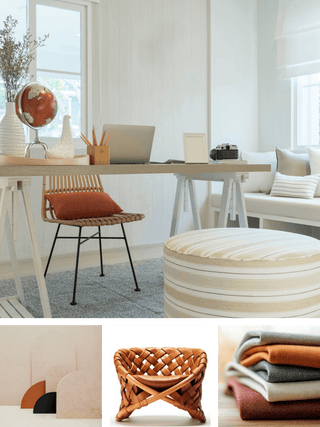 A styled interior scene with a light wood desk, woven chair, striped pouf, sofa, and decor, alongside three inset product close-ups showing abstract wall art, a woven chair detail, and folded textiles in neutral and warm tones.