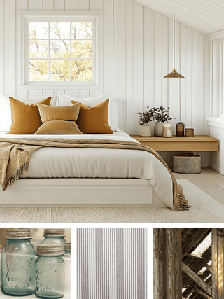 A styled bedroom interior with a bed dressed in white bedding and mustard yellow pillows, alongside three inset close-up panels showing blue glass mason jars, a striped fabric swatch, and rustic wood texture.