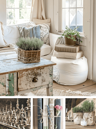 A rustic, shabby-chic style living room corner featuring a distressed wooden coffee table with a wicker basket of green plants, a white fabric bean bag chair, and a stack of neutral-colored books and pillows. Includes three inset images showcasing decorative metal fence posts, a rustic twine book bundle with a pink flower, and two small fabric planters with green herbs.