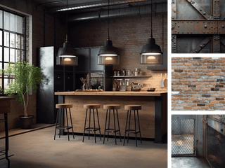 An industrial loft kitchen interior with three black pendant lights over a wood-topped island, four black bar stools, exposed brick walls, metal ducts, and a potted plant. Three insert photos show close-up texture panels of brick, metal beams, and a gate.