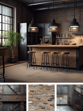 An industrial loft kitchen interior with three black pendant lights over a wood-topped island, four black bar stools, exposed brick walls, metal ducts, and a potted plant. Three insert photos show close-up texture panels of brick, metal beams, and a gate.