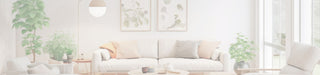 A bright, modern living room featuring a light beige sofa with black and white accent pillows, a round coffee table, a large white area rug, a floor lamp, and a potted plant.