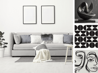 A styled living room scene with a light gray sofa, white and gray pillows, a cream throw blanket, two black-framed blank wall art prints, a small side table, and a potted plant. Includes three insert images of a sculptural black form, a black-and-white geometric pattern, and a black-and-white line drawing of two faces.
